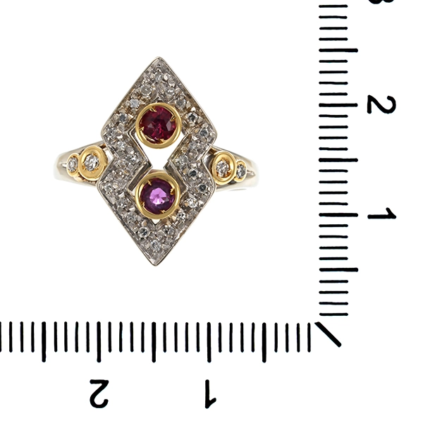 Ring, 18K, Gelb-/Weißgold, Rubine, Diamanten