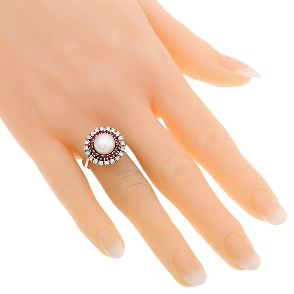 Ring, 14K, Weißgold, Perle, Rubine, Brillanten 0,40 ct