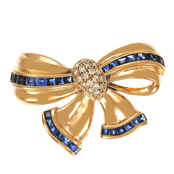 Brosche, 14K, Gelbgold, Brillant, Saphir
