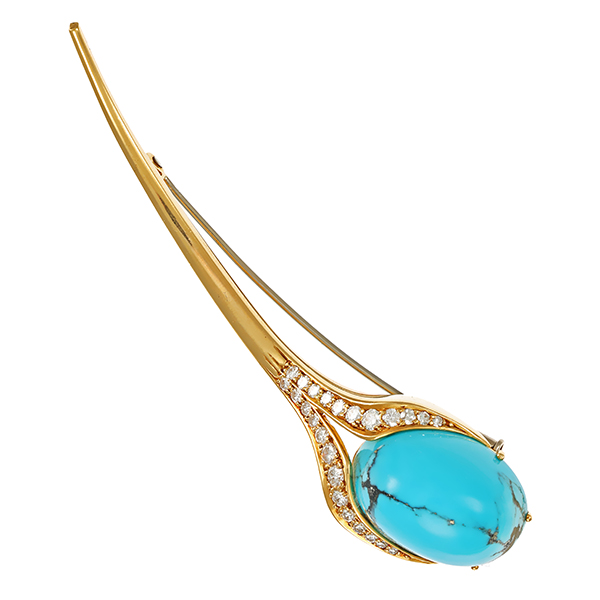 Brosche, 18K, Gelbgold, Türkis, Brillanten, Diamanten
