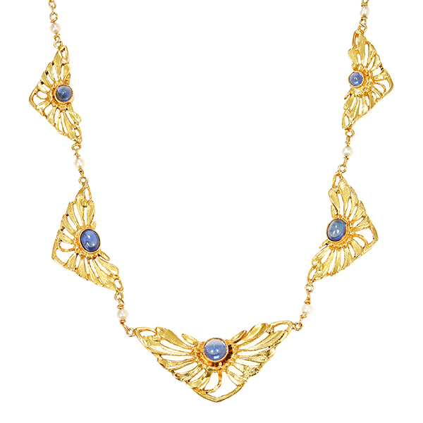 Collier, 18K, Gelbgold, Saphir, Perlen