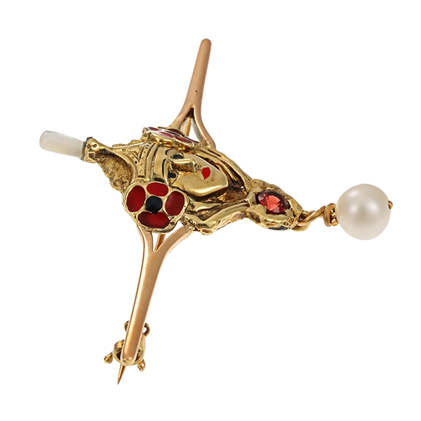 Brosche, 14K, Perlen, Granat, Perlen, Emaille