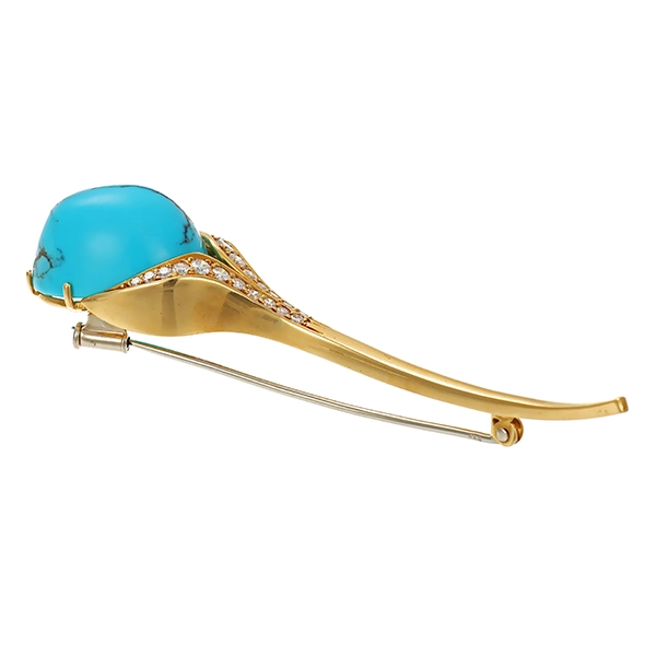 Brosche, 18K, Gelbgold, Türkis, Brillanten, Diamanten