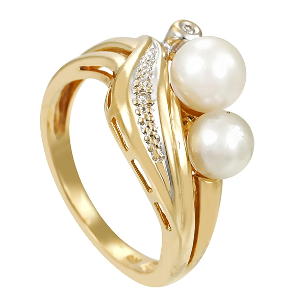 Ring, 14K, Gelb-/Weißgold, Perlen, Diamanten