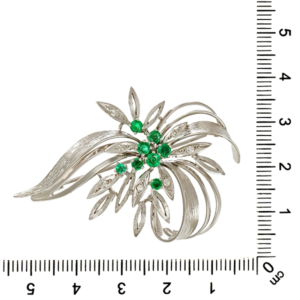 Brosche, 14K, Weißgold, Diamant, Smaragd