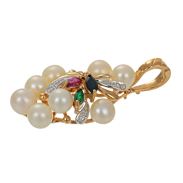 Anhänger, 14K, Gelb-/Weißgold, Perle, Rubin, Smaragd
