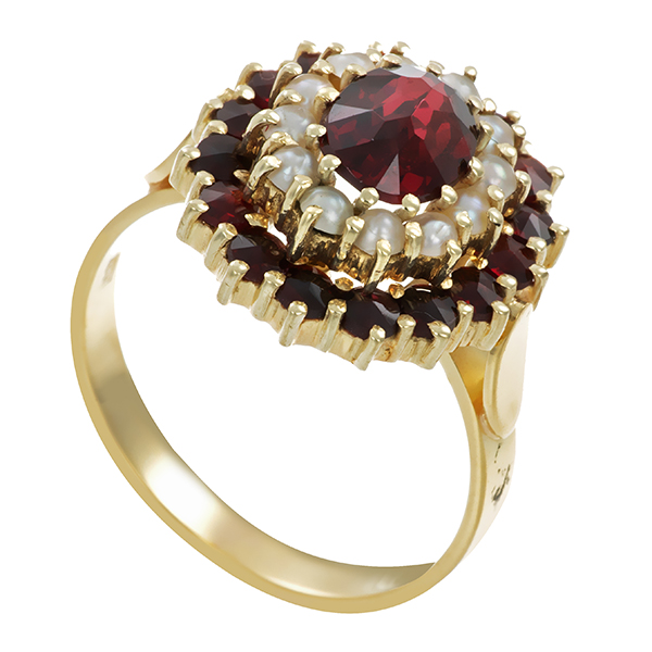 Ring, 14K, Gelbgold, Granat, Perlen