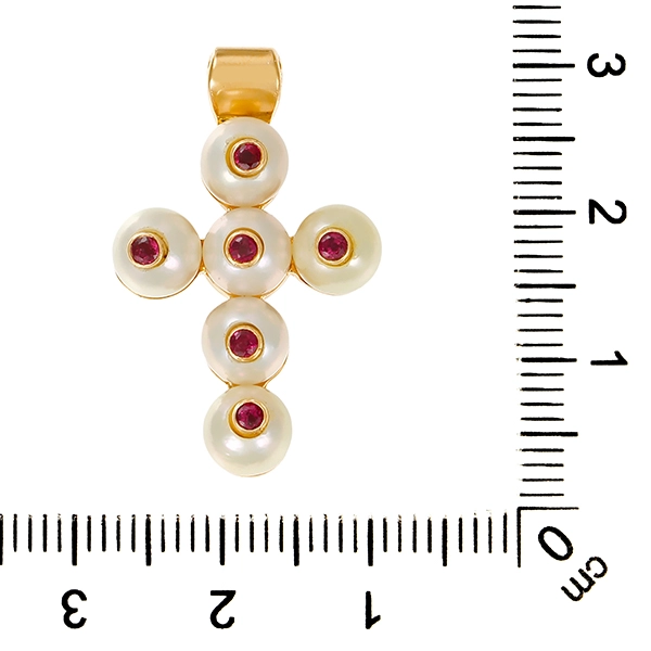 Anhänger, Kreuz, 18K, Gelbgold, Perle, Rubin