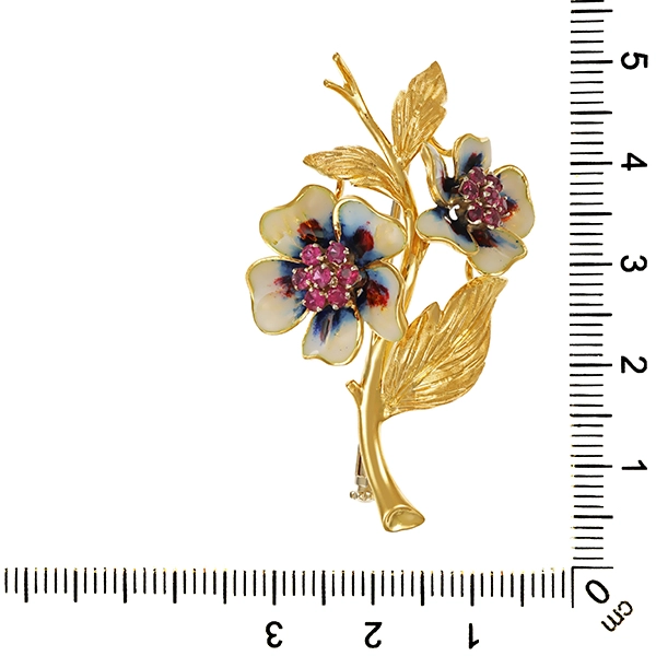 Brosche, 18K, Gelbgold, Emaille, Rubine