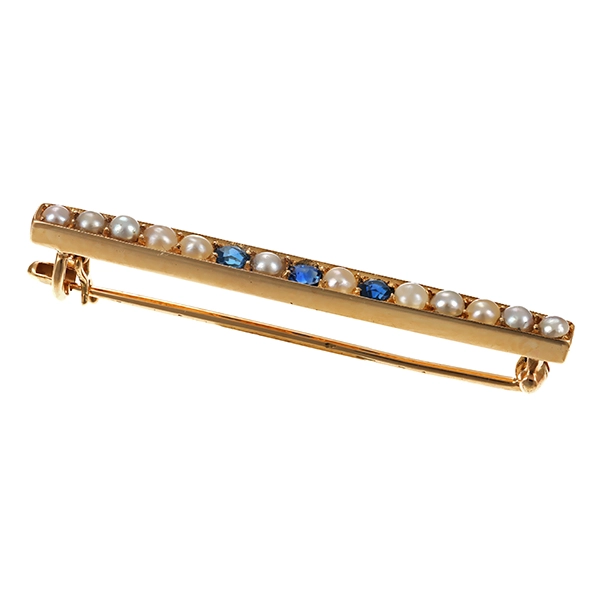 Brosche/Nadel, 14K, Gelbgold, Saphir, Perle