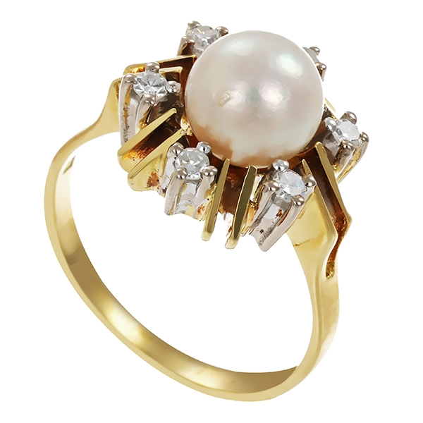 Ring, 14K, Gelbgold, Perle, Brillanten