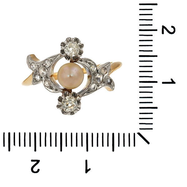 Ring, 18K, Gelb-/Weißgold, Perle, Diamanten, Antik