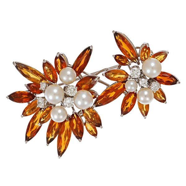 Brosche, 18K, Weißgold, Citrin, Brillant