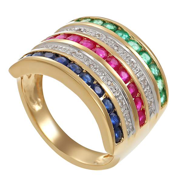 Ring, 14K, Gelb-/Weißgold, Rubin, Smaragd, Saphir, diamanten