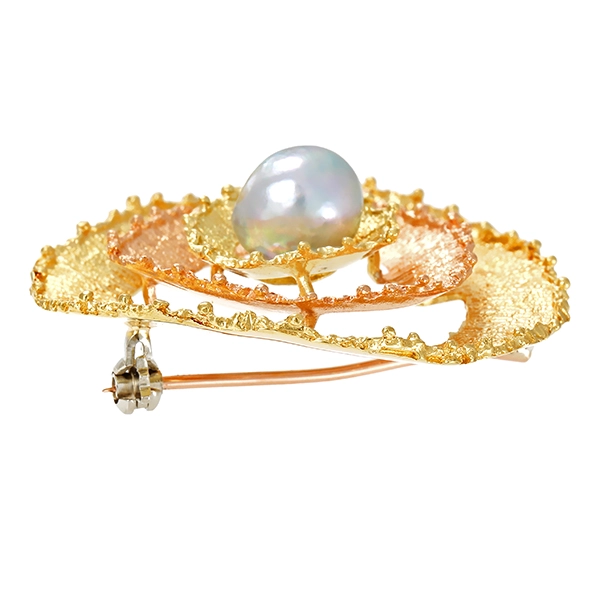 Brosche, 18K, Rot-/Gelbgold, Perle