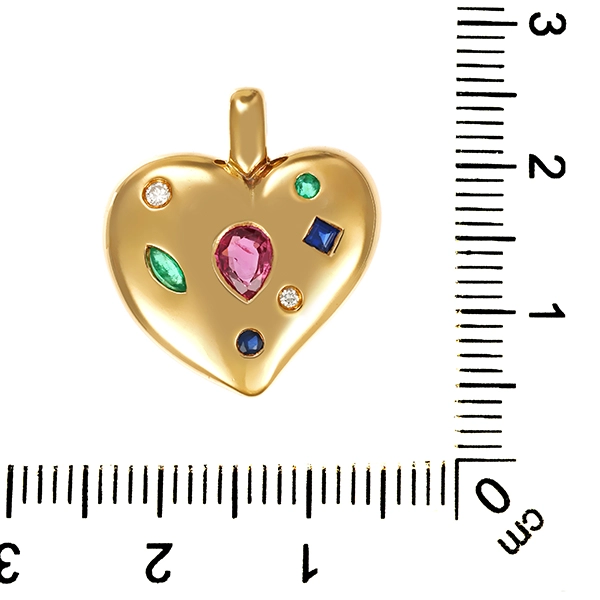 Anhänger, 18K, Gelbgold, 1 rubin, 2 Smaragd, 2 Saphire, 2 Brillanten
