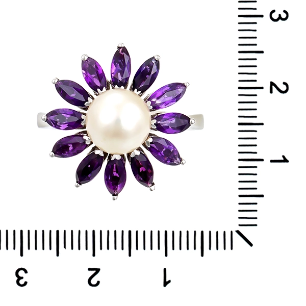 Ring, 18K, Weißgold, Perle, Amethyste