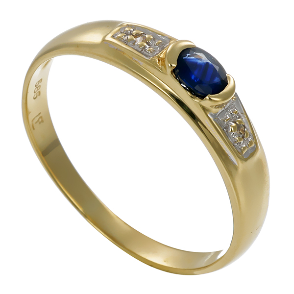 Ring, 14K, Gelbgold, 1 Saphir, 2 Brillanten