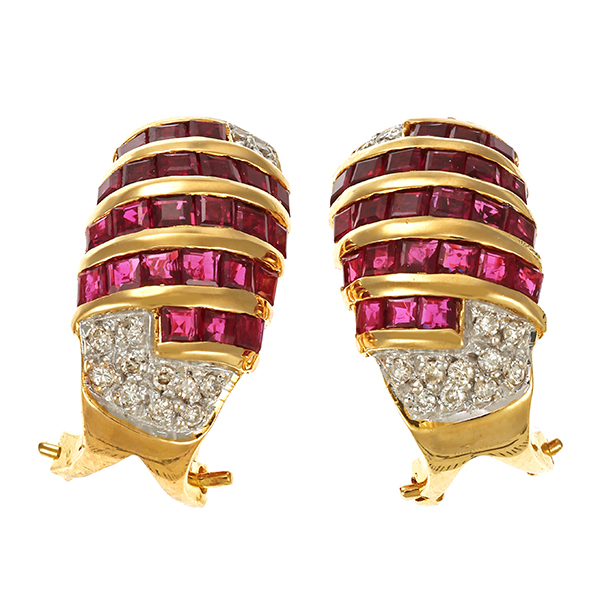 Clip-Stecker, 18K, Gelbgold, Rubine, Brillanten