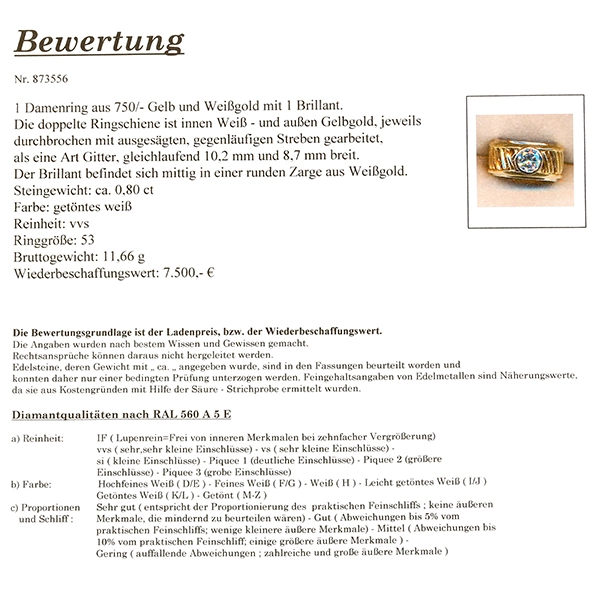 Diamantring, 18K, Gelb-/Weißgold, Brillant 0,80 ct