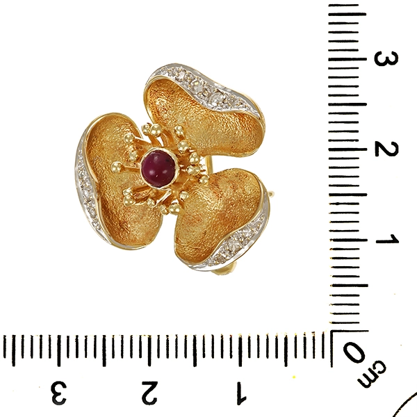 Brosche, 14K, Gelb-/Weißgold, Diamanten, Rubin