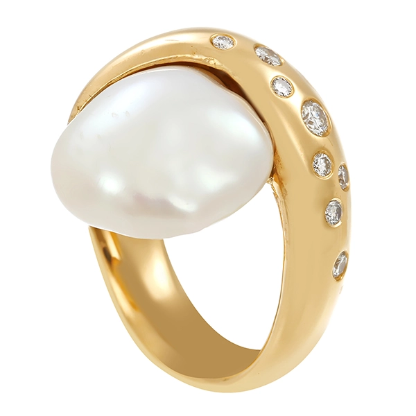 Ring, 18K, Gelbgold, Zuchtperle, Brillanten