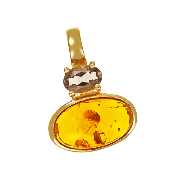 Anhänger, 8K, Gelbgold, Rauchquarz, Bernstein