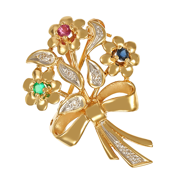 Brosche, 14K, Gelb-/Weißgold, Rubin, Saphir, Smaragd, Diamanten