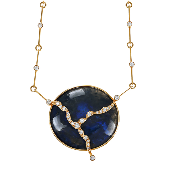 Collier, 14K, Gelbgold, Labradorit, Brillantern