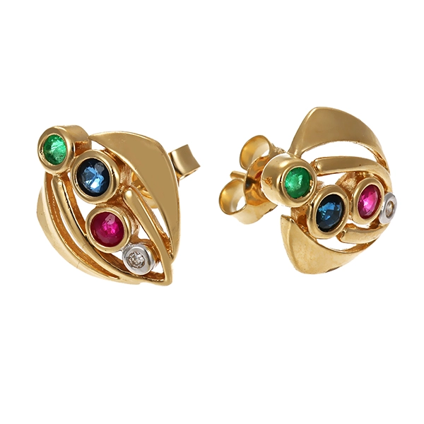 Ohrstecker, 14K, Gelbgold, Diamanten, Edelsteine