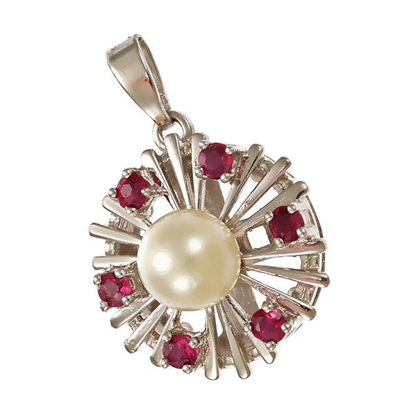 Anhänger, 14K, Weißgold, Perle, Rubine