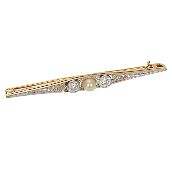 Brosche, 14K, Gelb-/Weißgold, Perle, Diamanten, ArtDeco