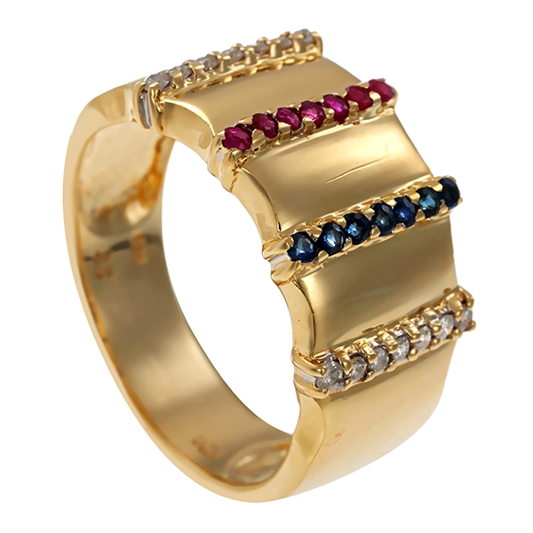 Ring, 14K, Gelbgold, Brillanten, Saphire, Rubine