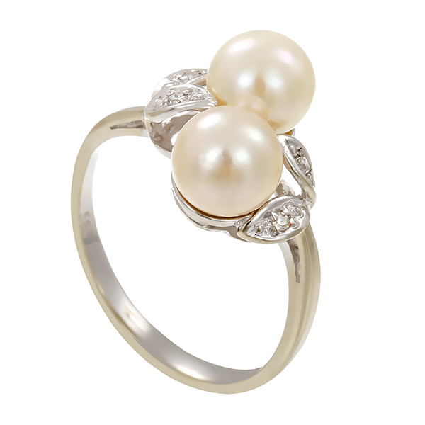 Ring, 14K, Weißgold, Perle, Diamant