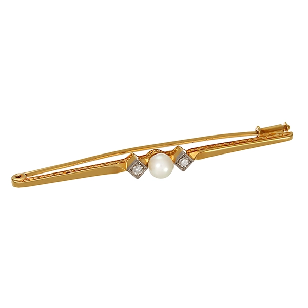 Brosche, 14K, Gelb-/Weißgold, Perle, Brillanten