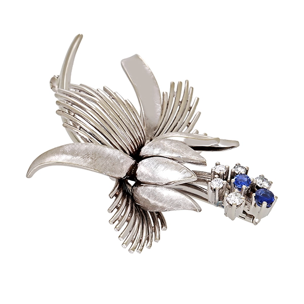 Brosche, 14K, Weißgold, Saphir, Brillant