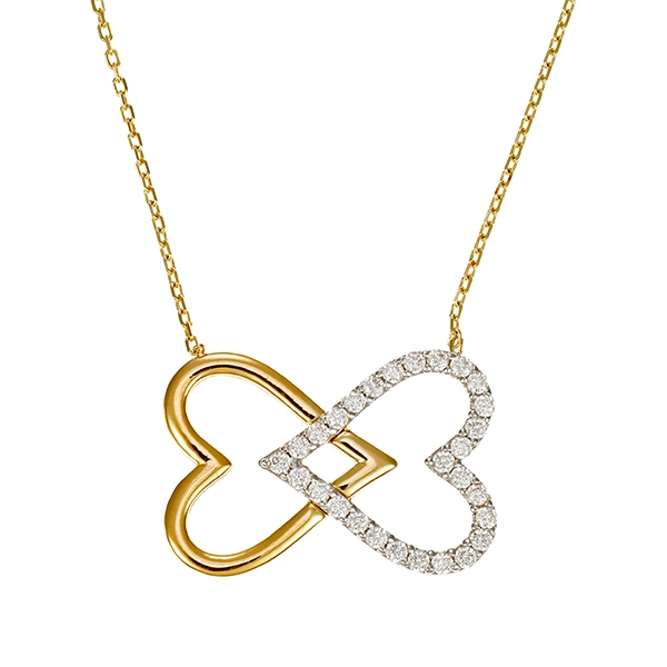 Collier, 14K, Gelb-/Weißgold, Zirkonia, Herzen