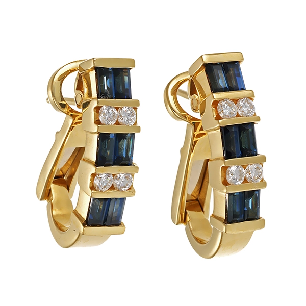 Ohrclipse, 18K, Gelbgold, Brillanten 0,40 ct, Saphire