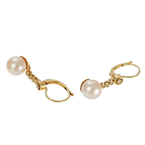 Ohrhänger, 14K, Gelbgold, Perle, Diamanten