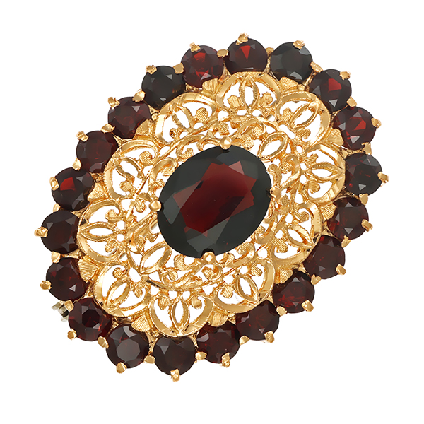 Brosche, 18K, Gelbgold, Granat