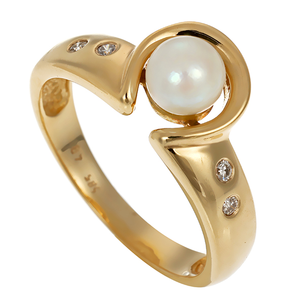 Ring, 14K, Gelbgold, Perle, Brillanten