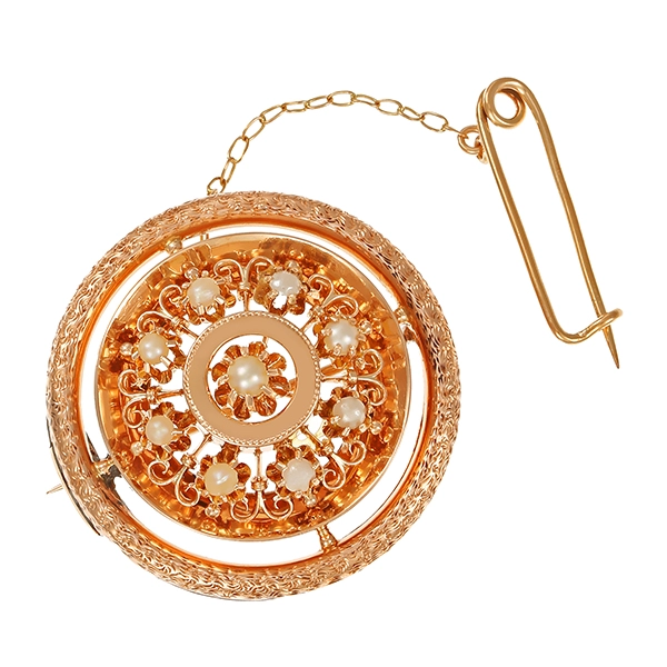 Brosche, 500, Rotgold, Perlen