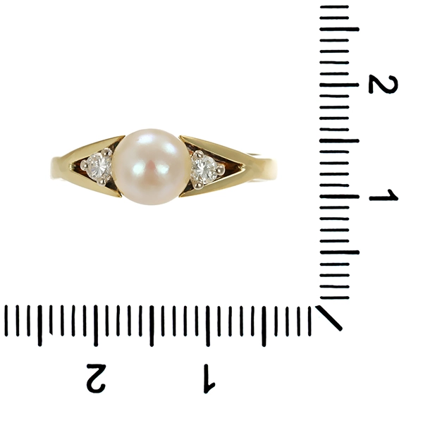 Brillantring, 14K, Gelbgold, 1 zuchtperle, , 2 Brillanten