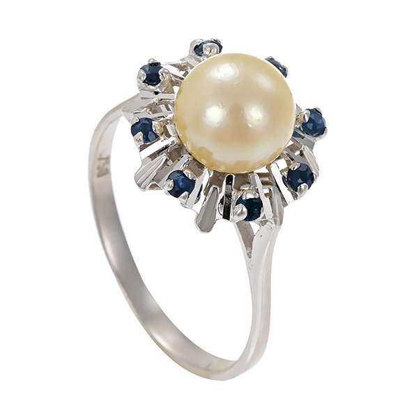 Ring, 18K, Weißgold, Perle, Saphir