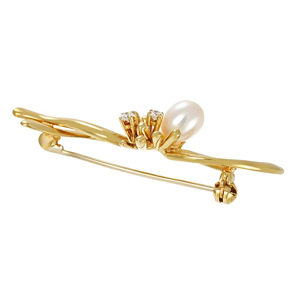Brosche, 14K, Gelbgold, Brillanten, Perle