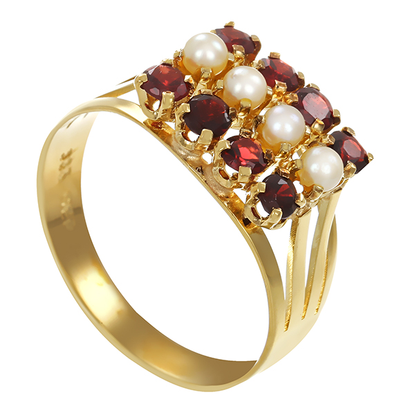 Ring, 8K, Gelbgold, Perlen, Granat