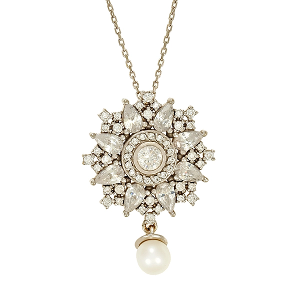 Collier, 14K, Weißgold, Perle, Zirkonia