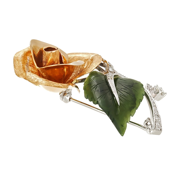 Brosche, 18K, Gelb-/Weißgold, Brillant, Diamant , Nephrit