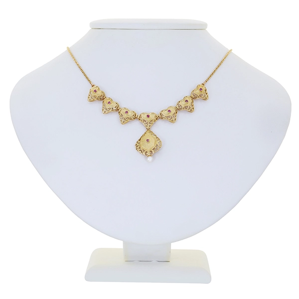 Collier, 18K, Gelbgold, Rubine, Perle, Herz