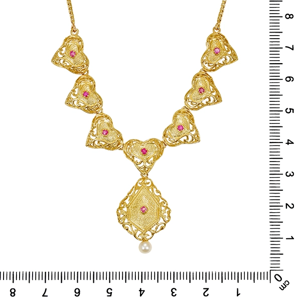 Collier, 18K, Gelbgold, Rubine, Perle, Herz